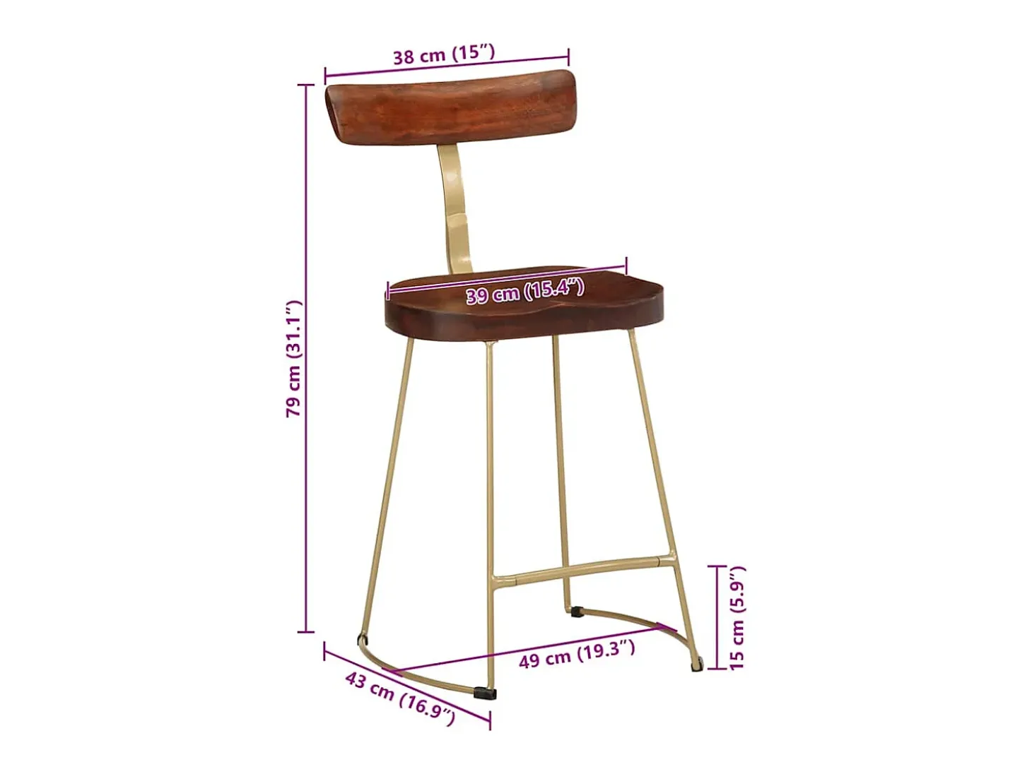 Juego de 2 taburetes de bar 49x43x79 cm madera maciza de mango