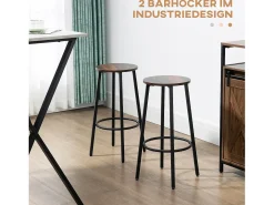Juego de 2 taburetes de bar, diseño industrial, con reposapiés, estructura de metal, hasta 120 kg, marrón