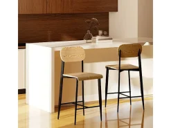 Juego de 2 taburetes de bar con reposapiés, estructura de metal, altura del asiento 66 cm, diseño industrial, madera natural + negro