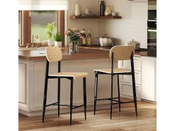 Juego de 2 taburetes de bar con reposapiés, estructura de metal, altura del asiento 66 cm, diseño industrial, madera natural + negro