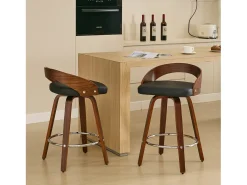 Juego de 2 taburetes de bar giratorios en PU con respaldo bajo - Negro y madera oscura