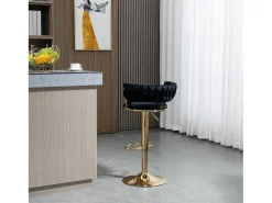 Juego de 2 taburetes de bar giratorios en terciopelo - Altura regulable - Negro y dorado