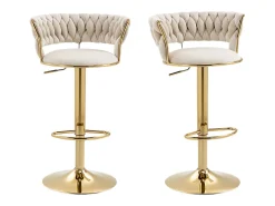 Juego de 2 taburetes de bar giratorios 360° y regulables en altura con reposapiés, terciopelo, beige y plata