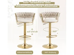 Juego de 2 taburetes de bar giratorios 360° y regulables en altura con reposapiés, terciopelo, beige y plata