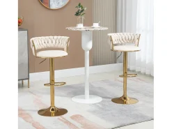 Juego de 2 taburetes de bar giratorios 360° y regulables en altura con reposapiés, terciopelo, beige y plata