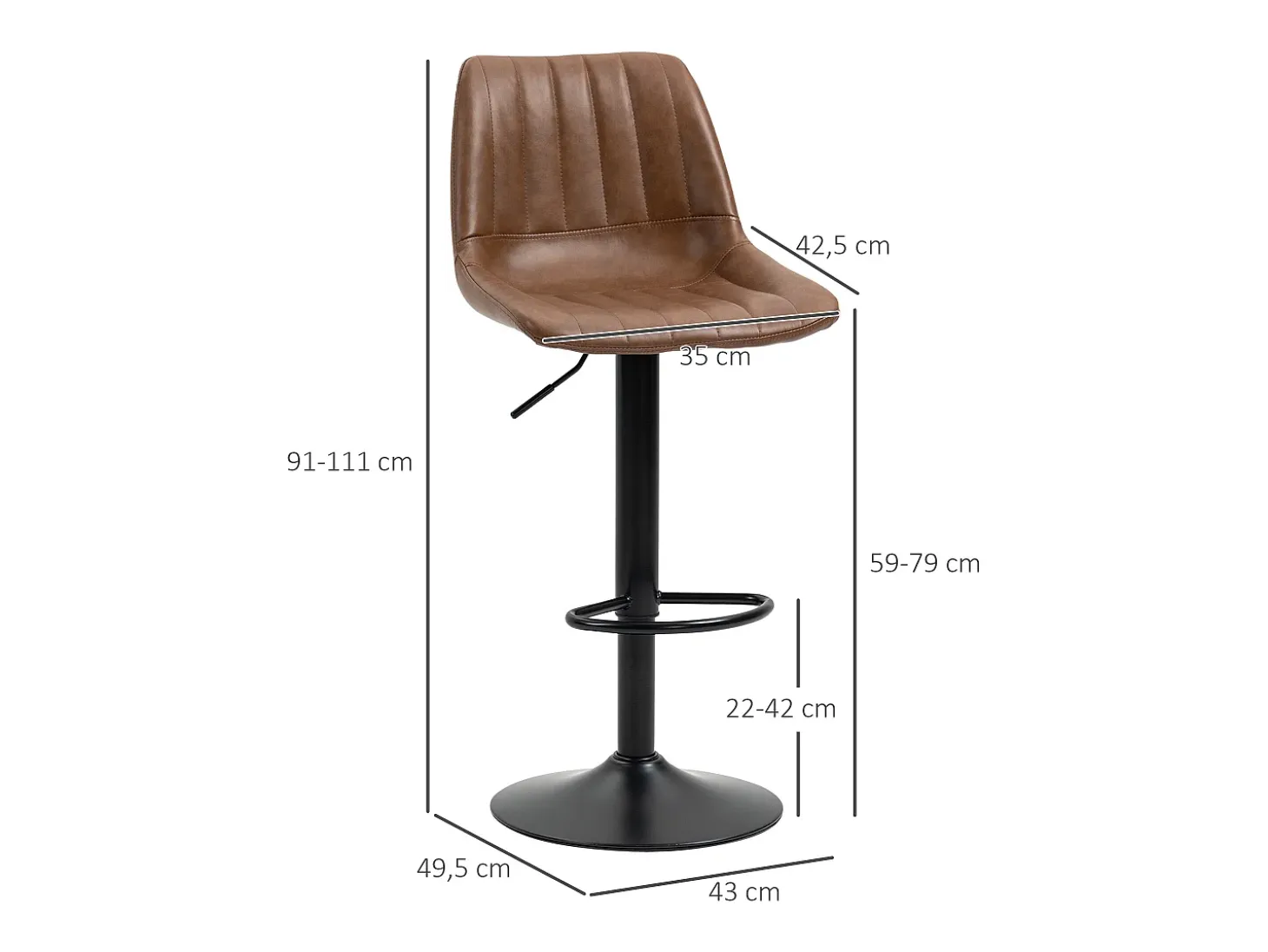 Juego de 2 taburetes de bar, taburetes de barra de altura regulable, cuero sintético, taburete de bistró con reposapiés, acero, marrón