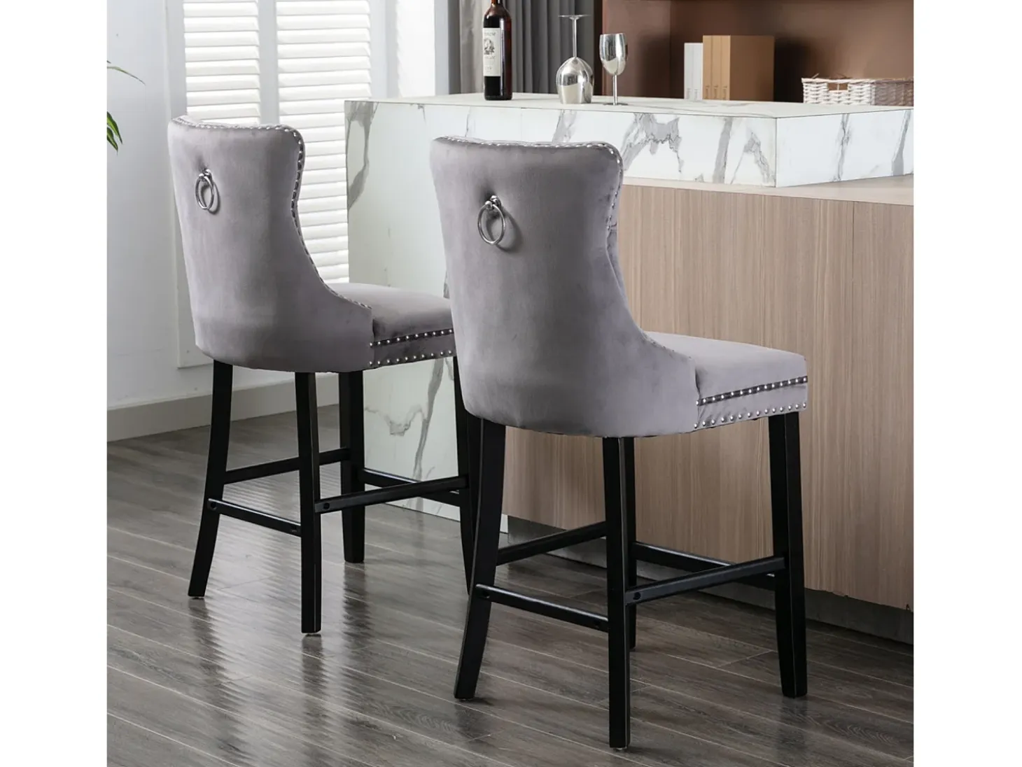 Juego de 2 taburetes de bar - Taburetes de bar con respaldo acolchado y capitoné - terciopelo gris