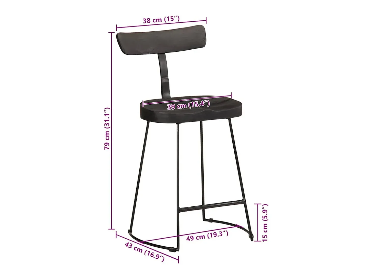 Juego de 2 taburetes de bar negros 49x43x79 cm madera maciza de mango