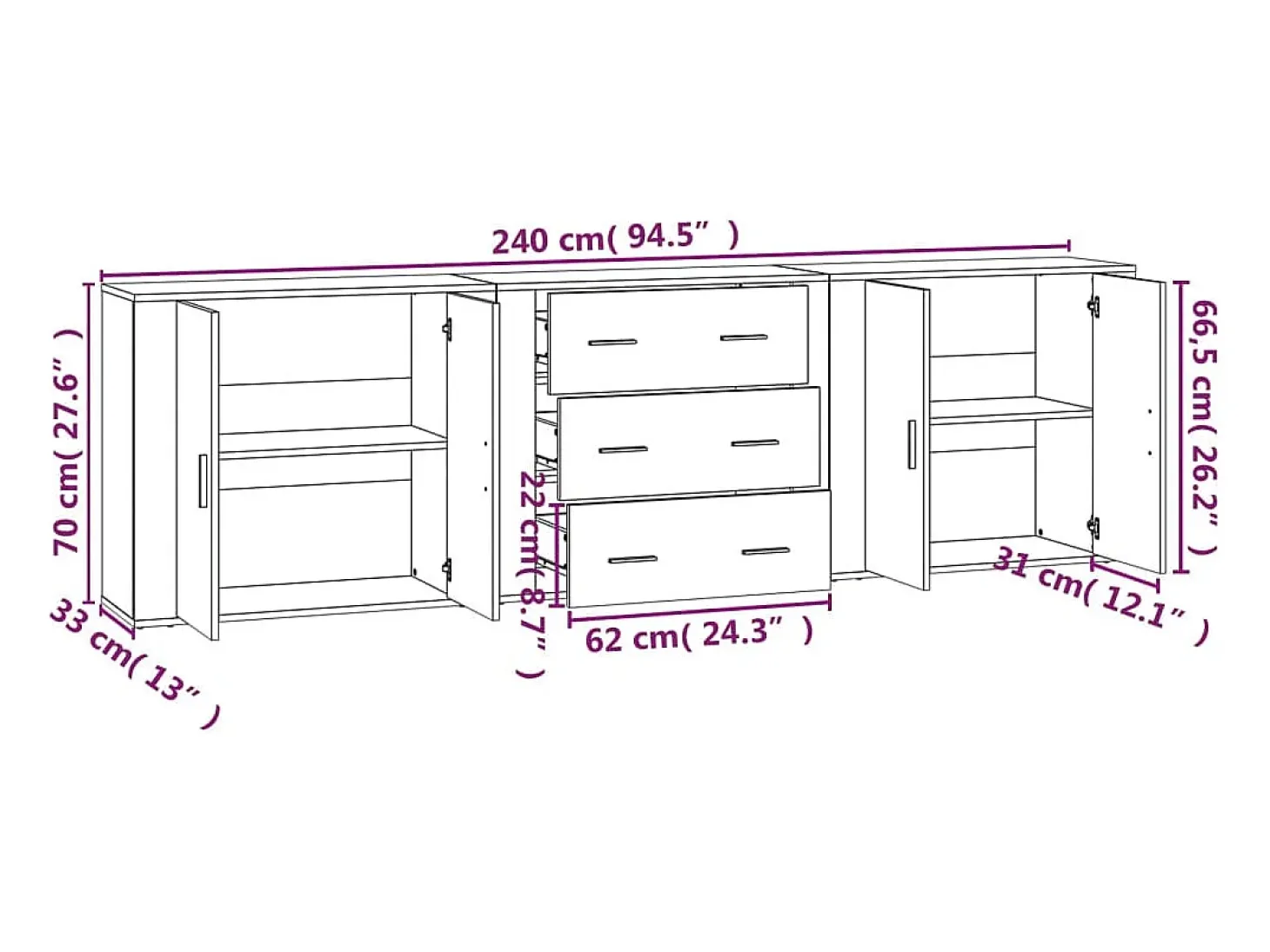 Juego de aparador de 3 piezas, madera de ingeniería blanca