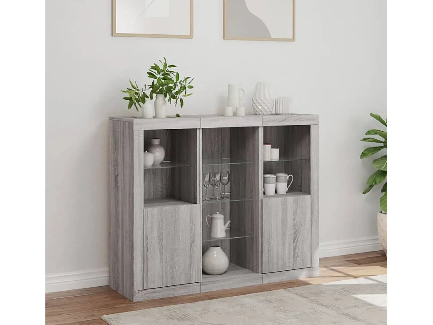 Juego de buffet de 3 piezas con luces LED, gris Sonoma, madera de ingeniería