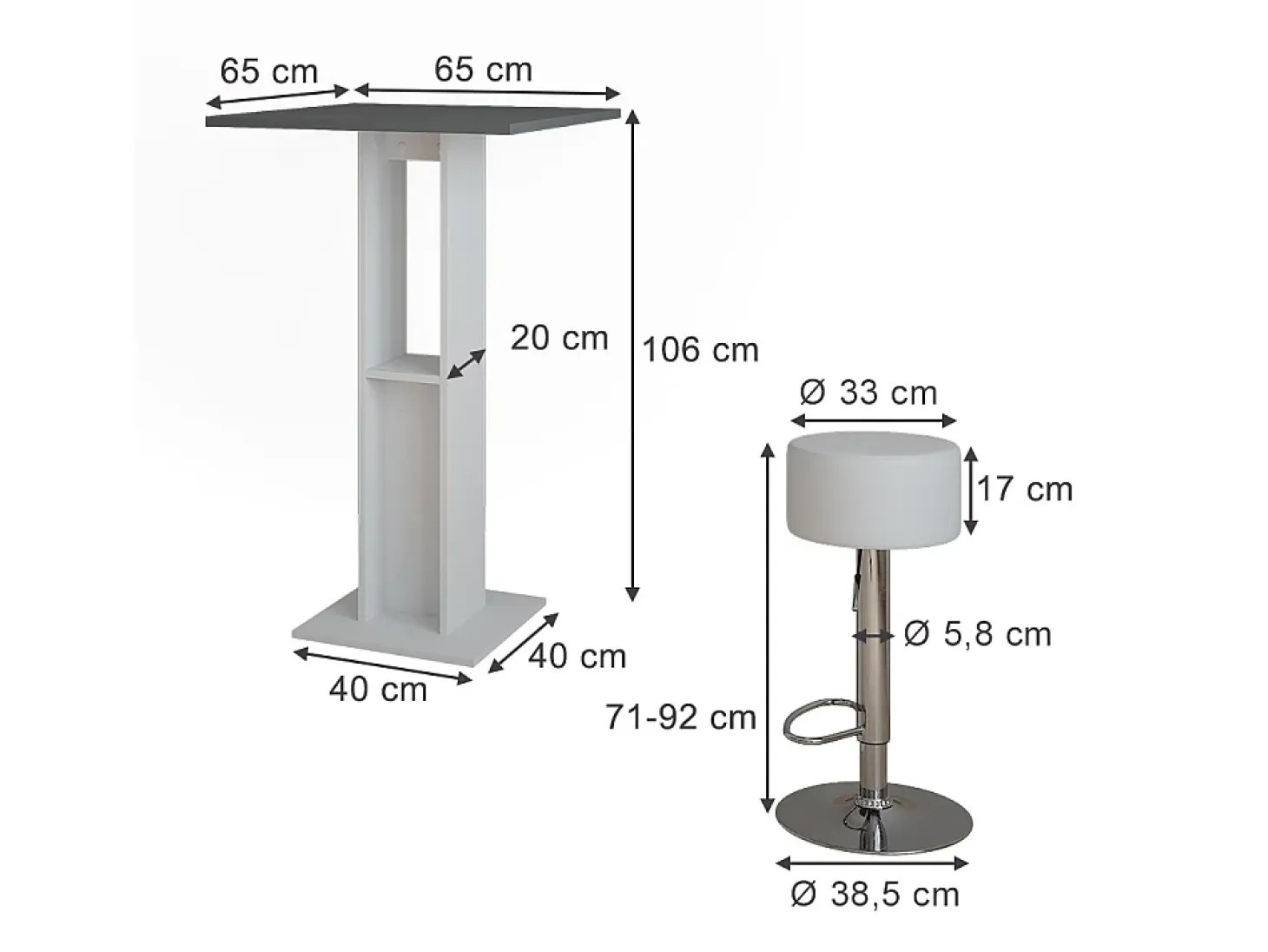 Juego de mesa de bar blanco/antracita 65x65x106 repose