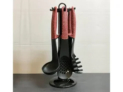 Juego de Utensilios de Cocina 7 piezas - Efecto Piedra - Rojo - Soporte Giratorio incluido