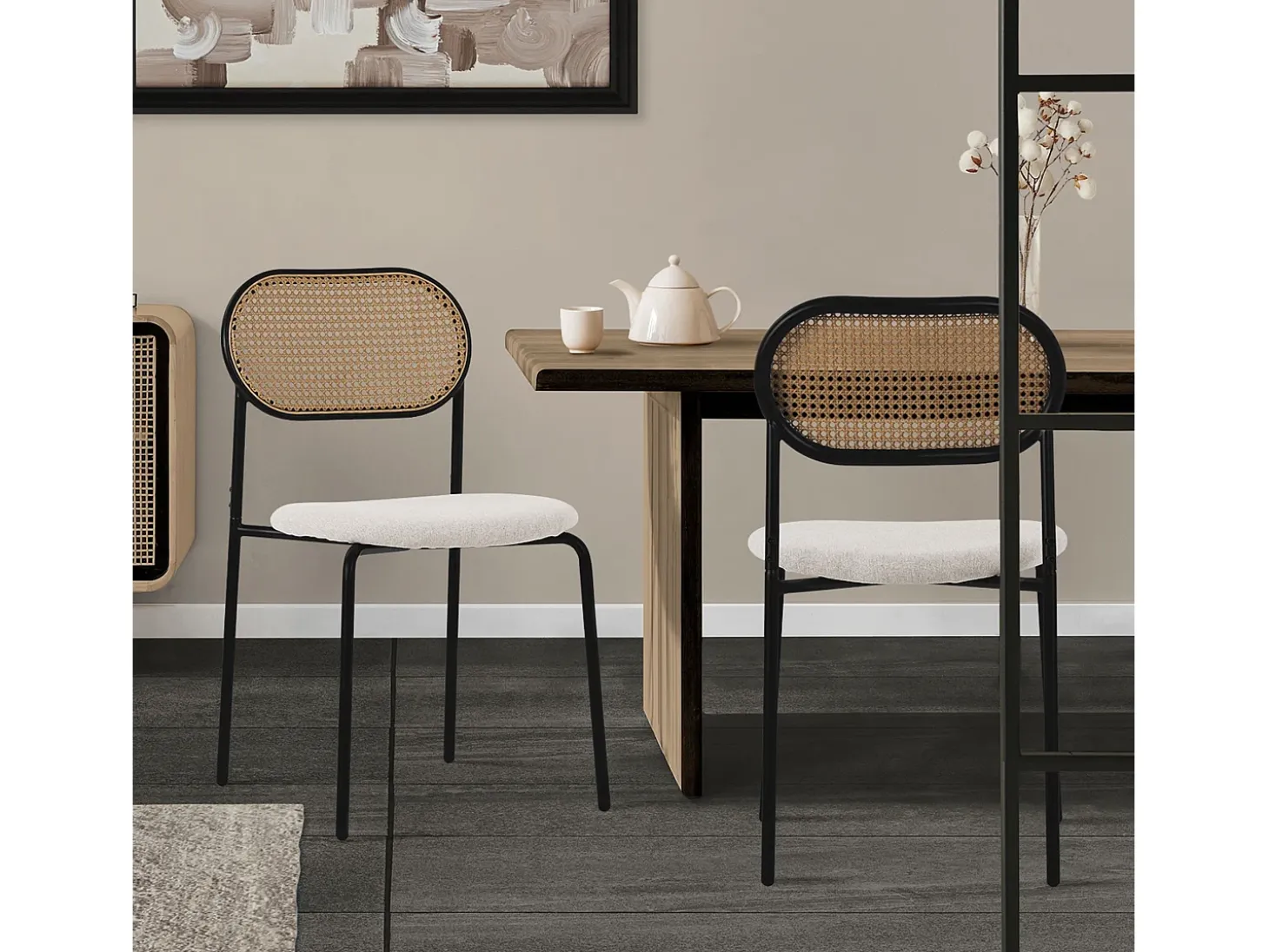 Juego de 2x Sillas de comedor/salón tapizadas beige asiento con respaldo curvado
