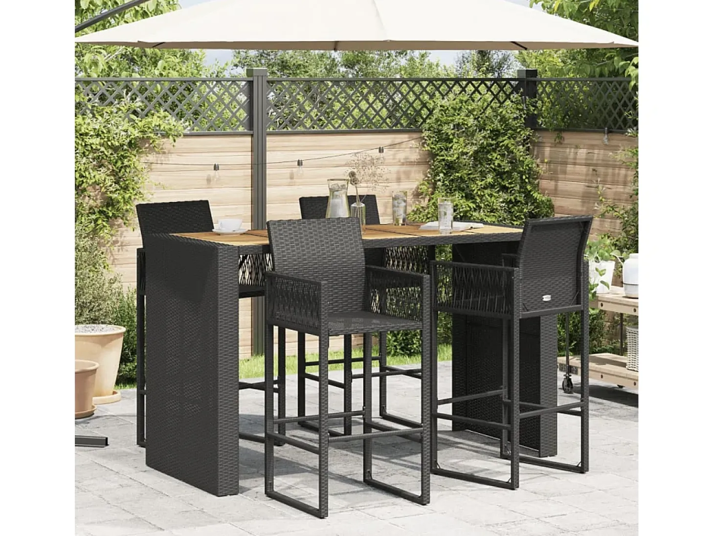 Karaca Mesa alta jardín superficie madera ratán PE negro 185x80x110 cm
