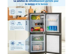 106L Silver+Negro Negra, con partición de vidrio y pies ajustables, 7 temperatura, -25 ~ 10 ℃, clase de eficiencia energética
