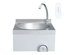 Lavabo de acero inoxidable con grifo y dispensador de jabón.