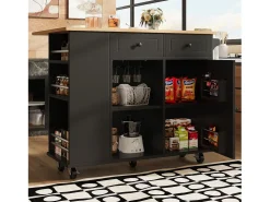 Îlot de cuisine avec 2 tiroirs ,1 porte et porte-verres à vin - desserte finition woodgrain - Noir