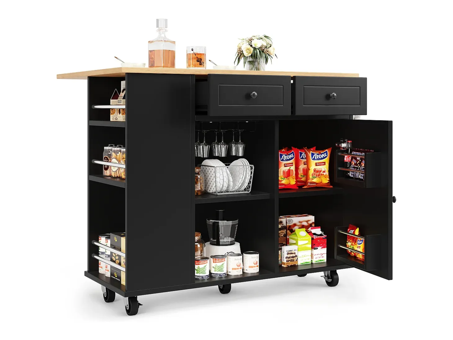 Îlot de cuisine avec 2 tiroirs ,1 porte et porte-verres à vin - desserte finition woodgrain - Noir