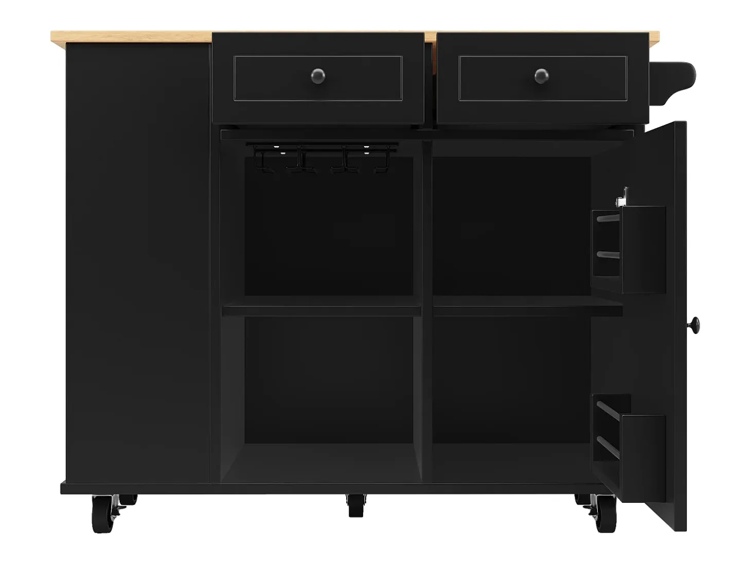 Îlot de cuisine avec 2 tiroirs ,1 porte et porte-verres à vin - desserte finition woodgrain - Noir