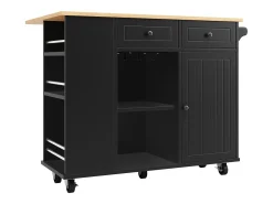Îlot de cuisine avec 2 tiroirs ,1 porte et porte-verres à vin - desserte finition woodgrain - Noir