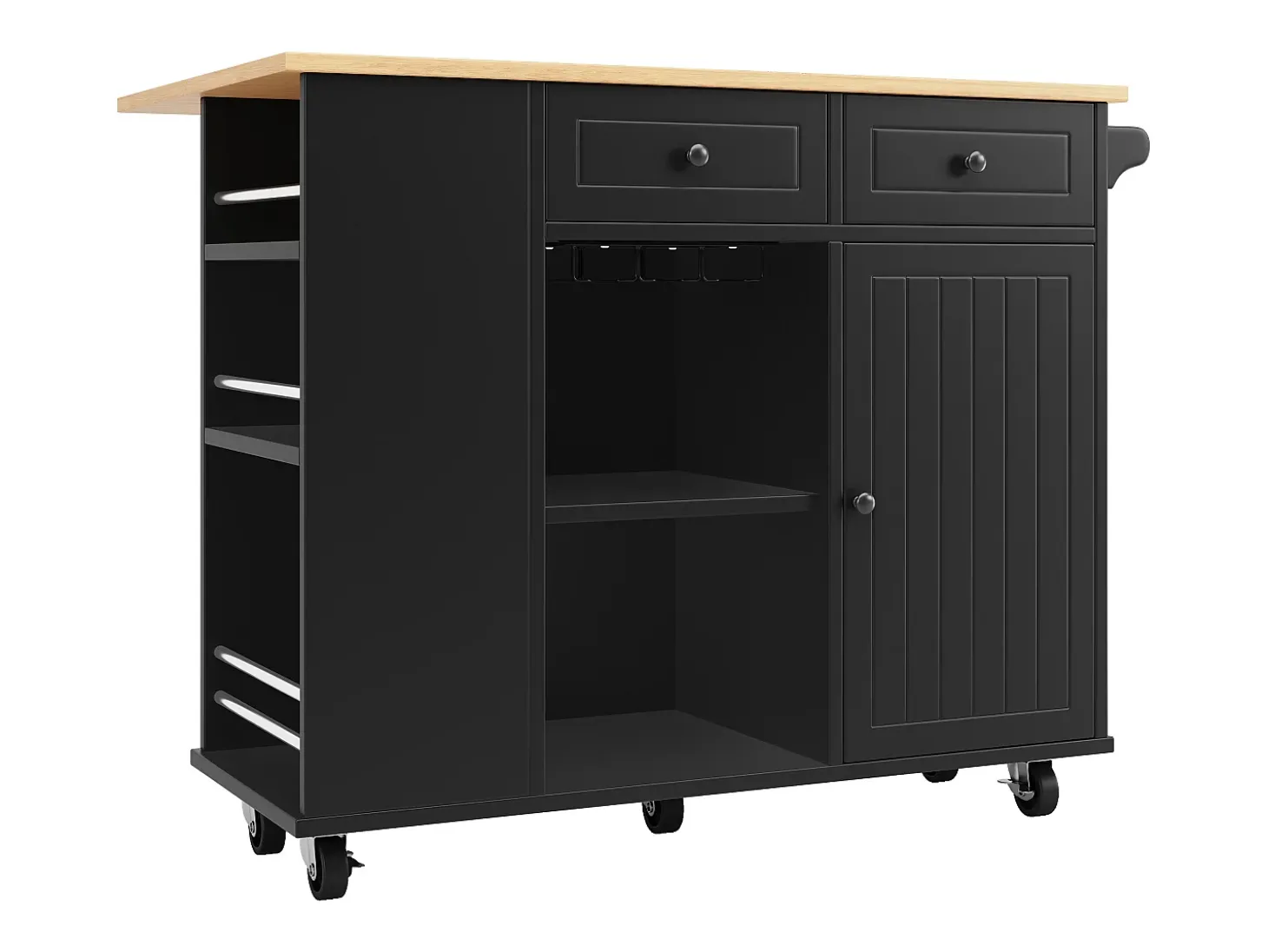 Îlot de cuisine avec 2 tiroirs ,1 porte et porte-verres à vin - desserte finition woodgrain - Noir