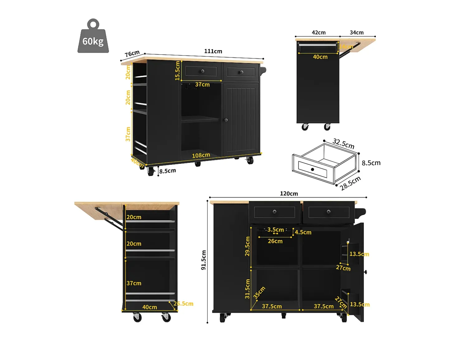 Îlot de cuisine avec 2 tiroirs ,1 porte et porte-verres à vin - desserte finition woodgrain - Noir