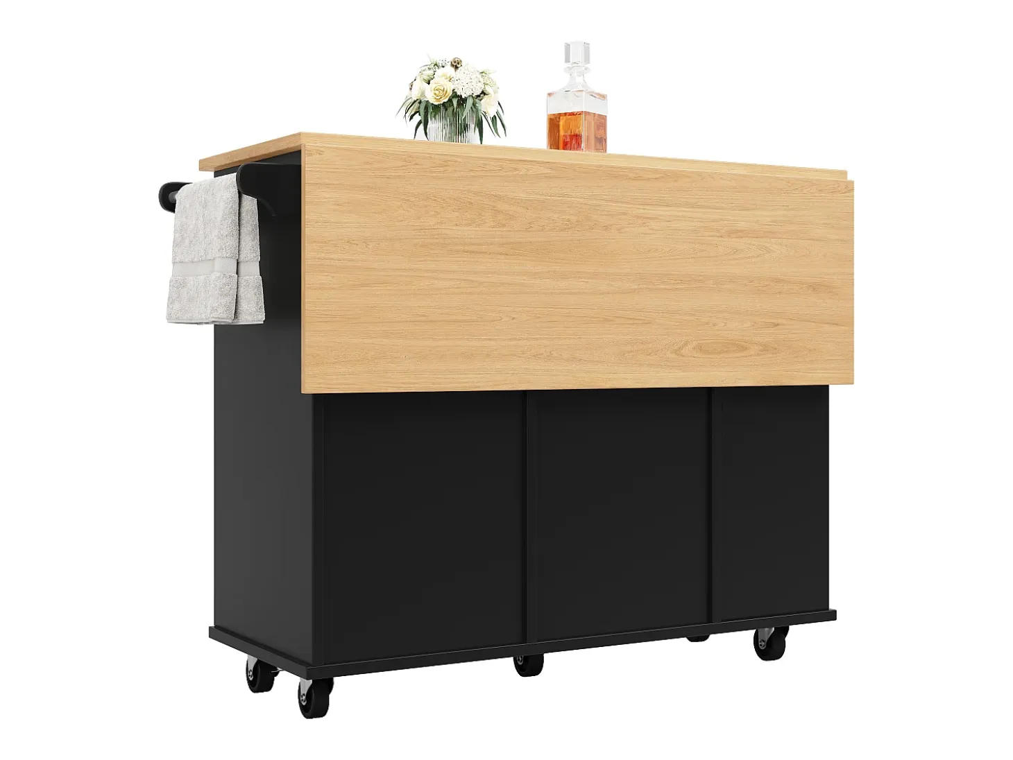 Îlot de cuisine avec 2 tiroirs ,1 porte et porte-verres à vin - desserte finition woodgrain - Noir