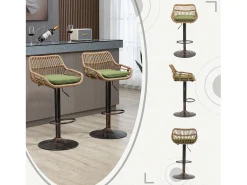 Lote de 2 Bancos Altos – Asiento de Lino Verde – Base Metálica Marrón – Diseño de Mimbre – Confort Óptimo