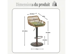 Lote de 2 Bancos Altos – Asiento de Lino Verde – Base Metálica Marrón – Diseño de Mimbre – Confort Óptimo