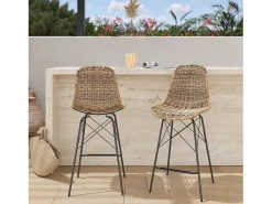 Lote de 2 sillas de bar de jardín de 63 cm en resina trenzada marrón - Tiptur