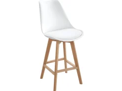 Lote de 2 sillas de bar escandinavas de 70 cm, asiento amplio con respaldo alto, cojín de cuero sintético, patas de madera TIKA (blanco)