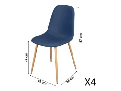 Lote de 4 sillas de tela azul con patas de metal efecto madera – 45x87x54 cm, altura del asiento 49 cm – Colección NORDICA