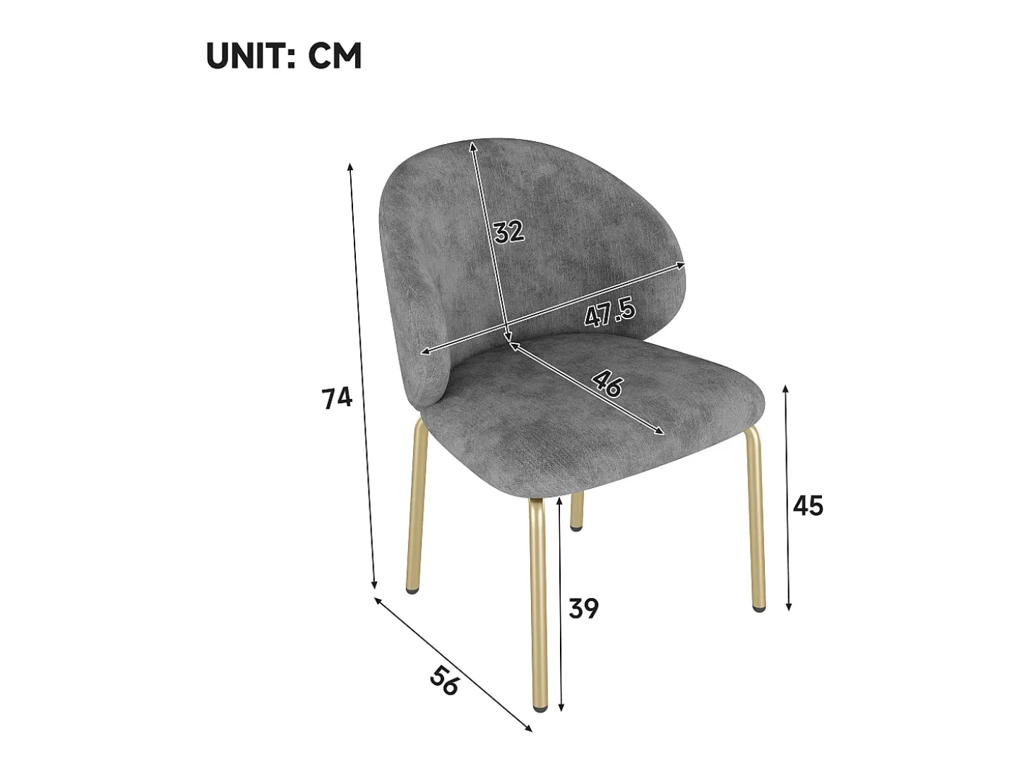 Lote de 4 Sillas en tela chenille - patas de metal dorado - silla de tocador - silla de comedor - Gris