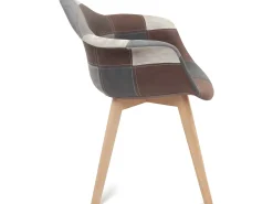 Lote de 2 sillas escandinavas con reposabrazos, asiento acolchado de patchwork multicolor, patas de madera de haya clara NEDA (gris azul)