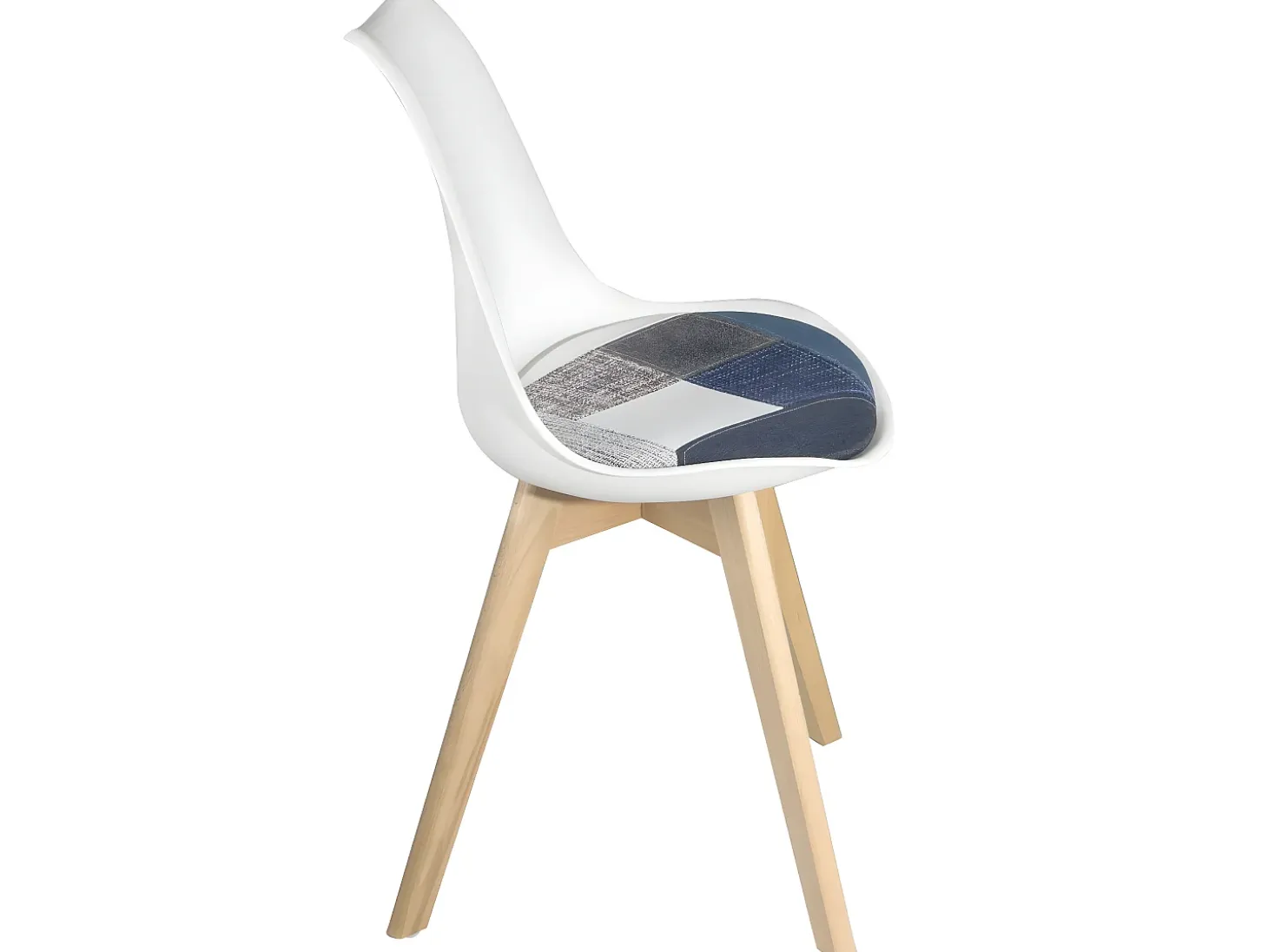 Lote de 2 sillas escandinavas, cojín de tela patchwork multicolor acolchado, asiento de plástico flexible, patas de madera LAO (azul)