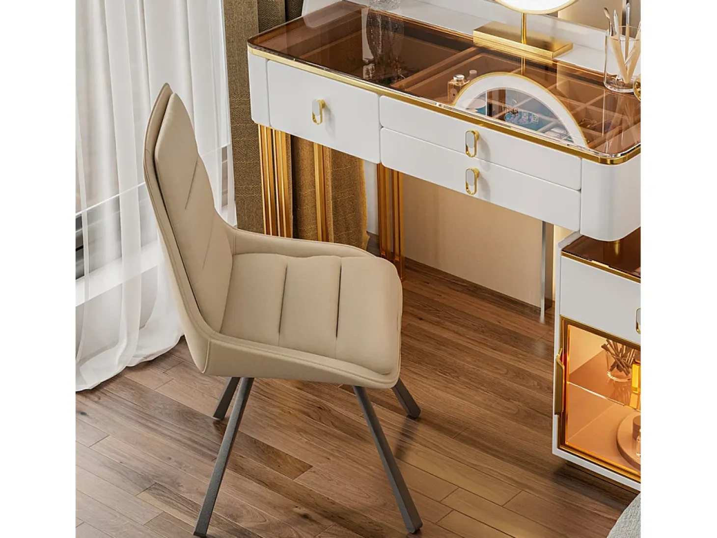 Lote de 2 sillas FATIVO - Silla de oficina giratoria en cuero caqui - Sillón escandinavo acolchado para salón