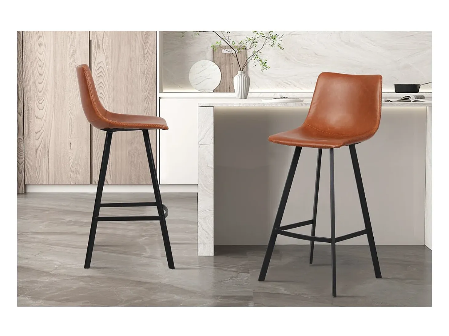 Lote de 2 taburetes de bar OZON – Color coñac – Asiento de PU – Confort moderno y estilo elegante