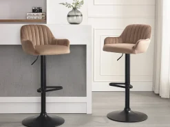Lote de 2 taburetes de bar de terciopelo y metal negro - Altura ajustable - Beige - ELEANA