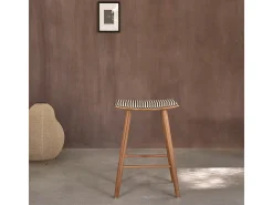 Lote de 2 taburetes de teca maciza con asiento de rayas 65 cm