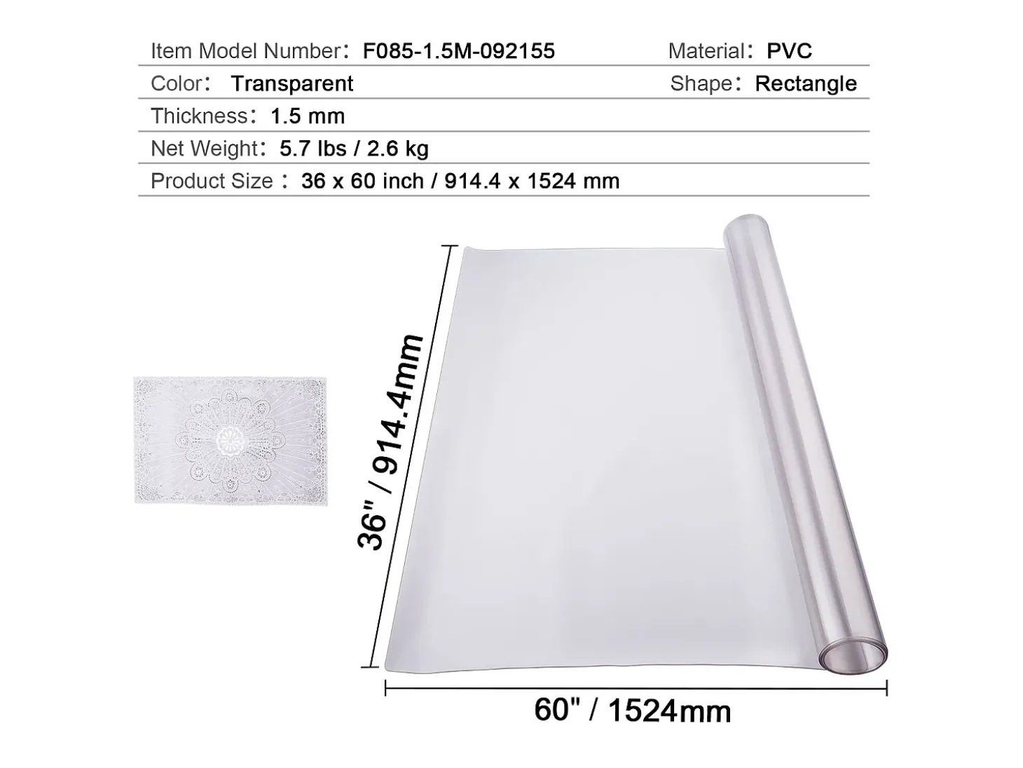 Mantel SucceBuy Protección de Mesa en PVC, 91 X 152 CM, Tapete de Escritorio en Plástico Helado, 0.15CM de Grosor