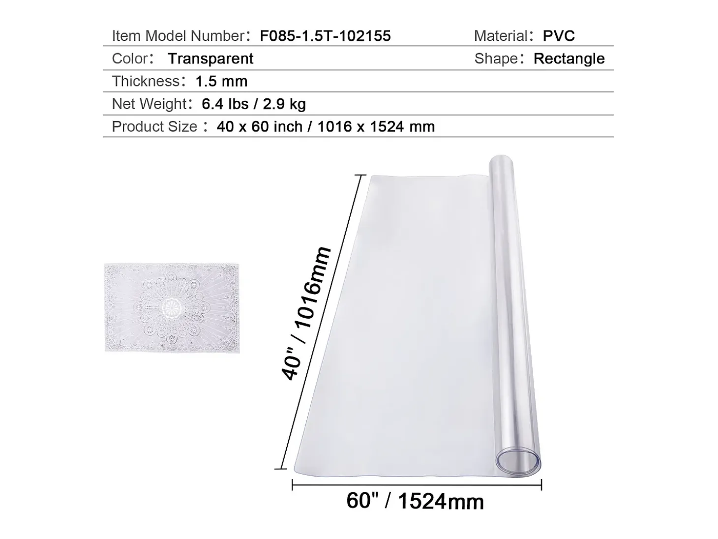 Mantel SucceBuy Tapete de Escritorio en PVC Transparente de 102 X 152 CM, Grosor de 0.15CM