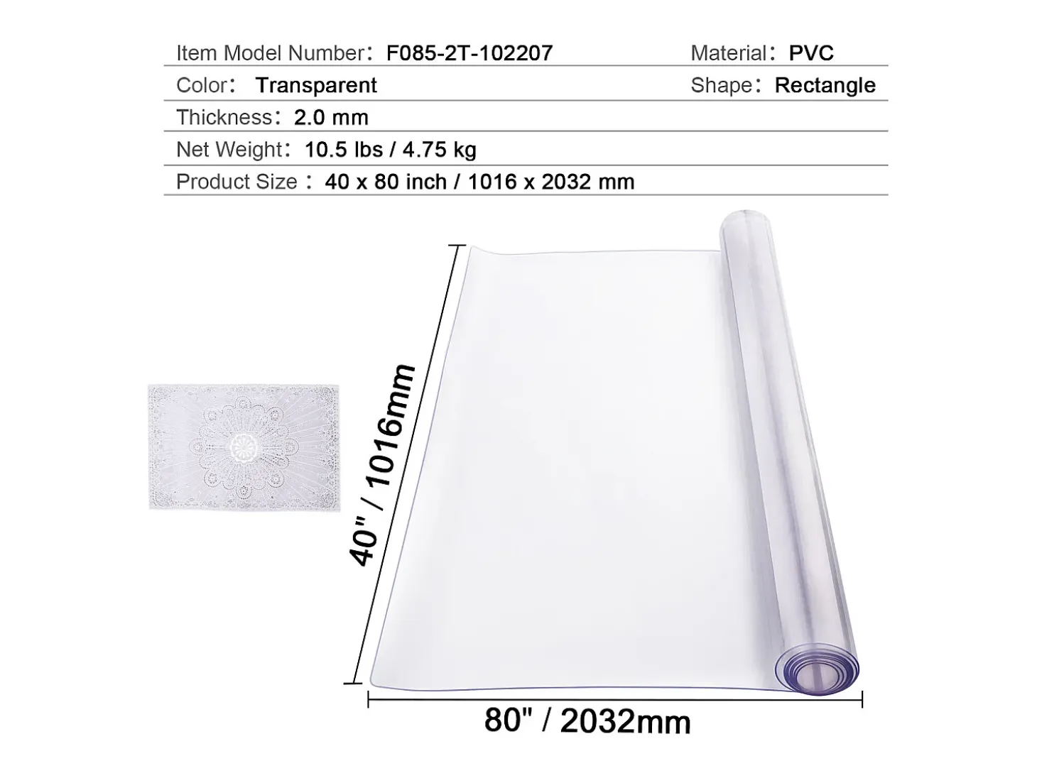 Mantel Transparente SucceBuy Protector de Mesa de PVC de 101.6 x 203.2 cm, Cubierta de Escritorio Transparente, 2.0 mm de Grosor
