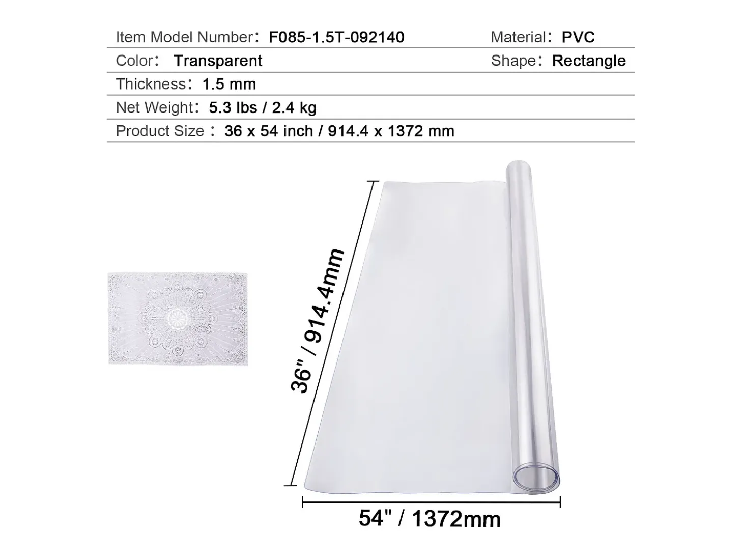 Mantel Transparente SucceBuy Protector de Mesa de PVC, 91 x 137 cm, Protector de Escritorio de Plástico Transparente, 1,5 mm de Grosor