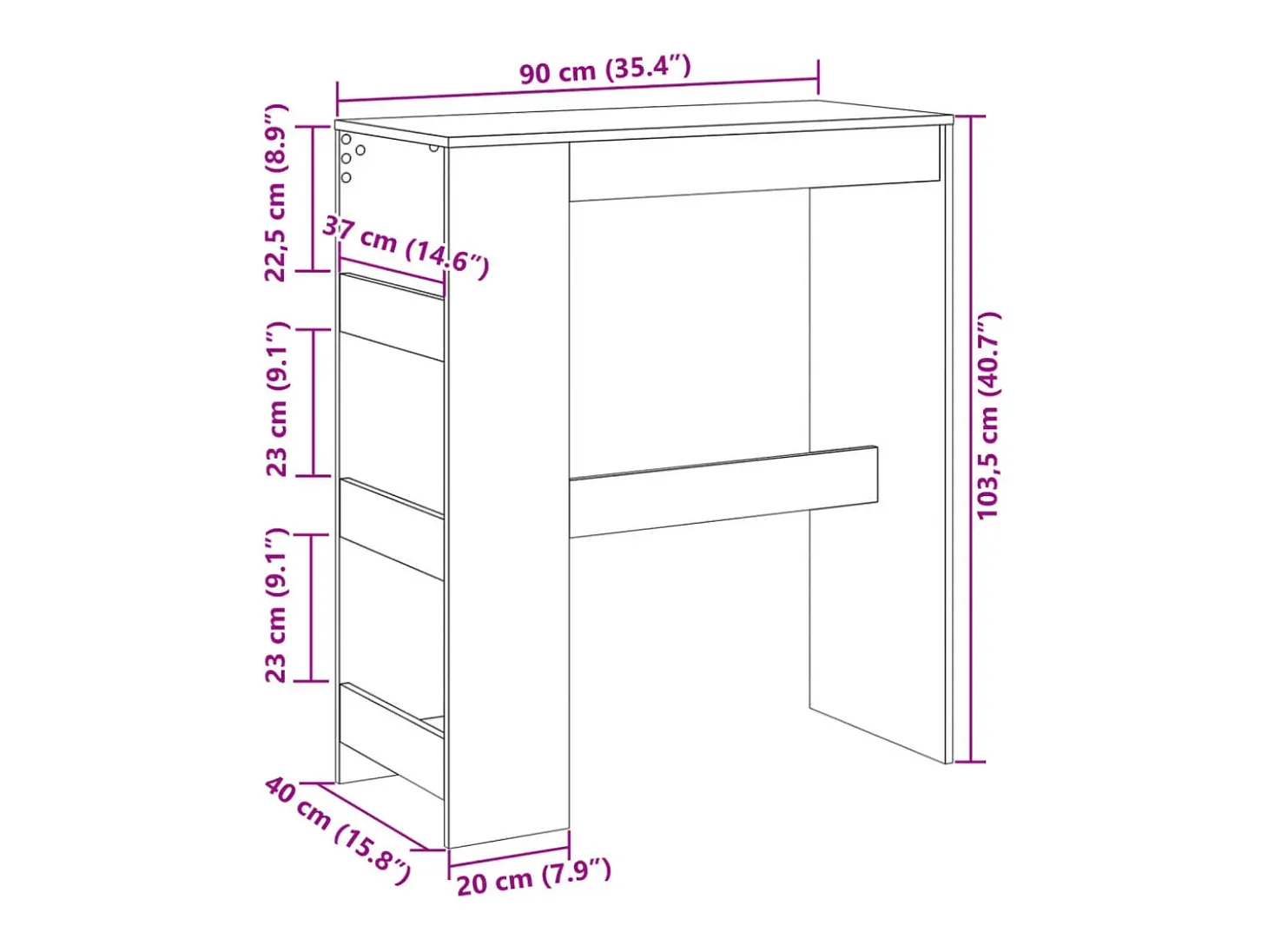 Mesa alta bar con estantes roble ahumado 90x40x103,5 cm