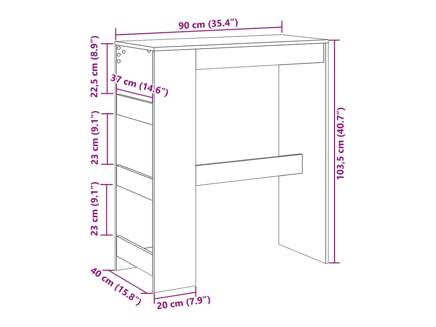 Mesa alta con estantes madera ingeniería negra 90x40x103,5 cm