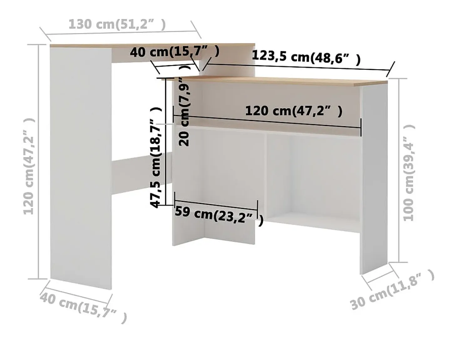 Mesa alta de bar con 2 tableros blanco y roble 130x40x120 cm