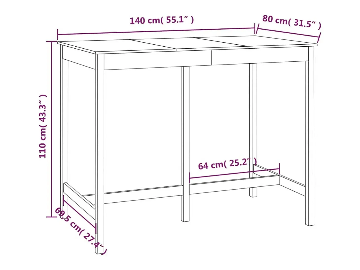 Mesa alta de bar de madera maciza de pino 140x80x110 cm