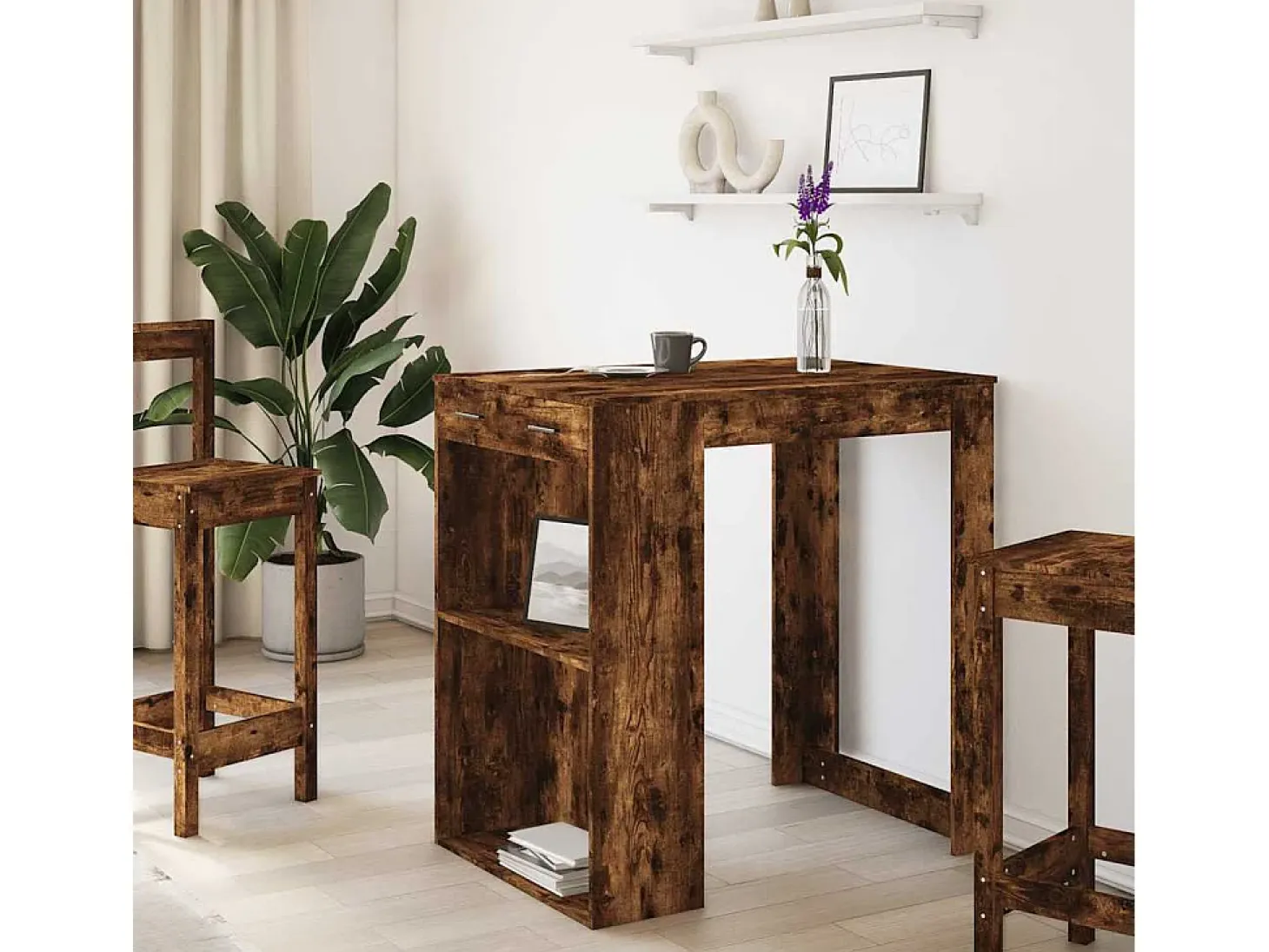 Mesa alta de bar madera ingeniería roble ahumado 102x70x103,5cm