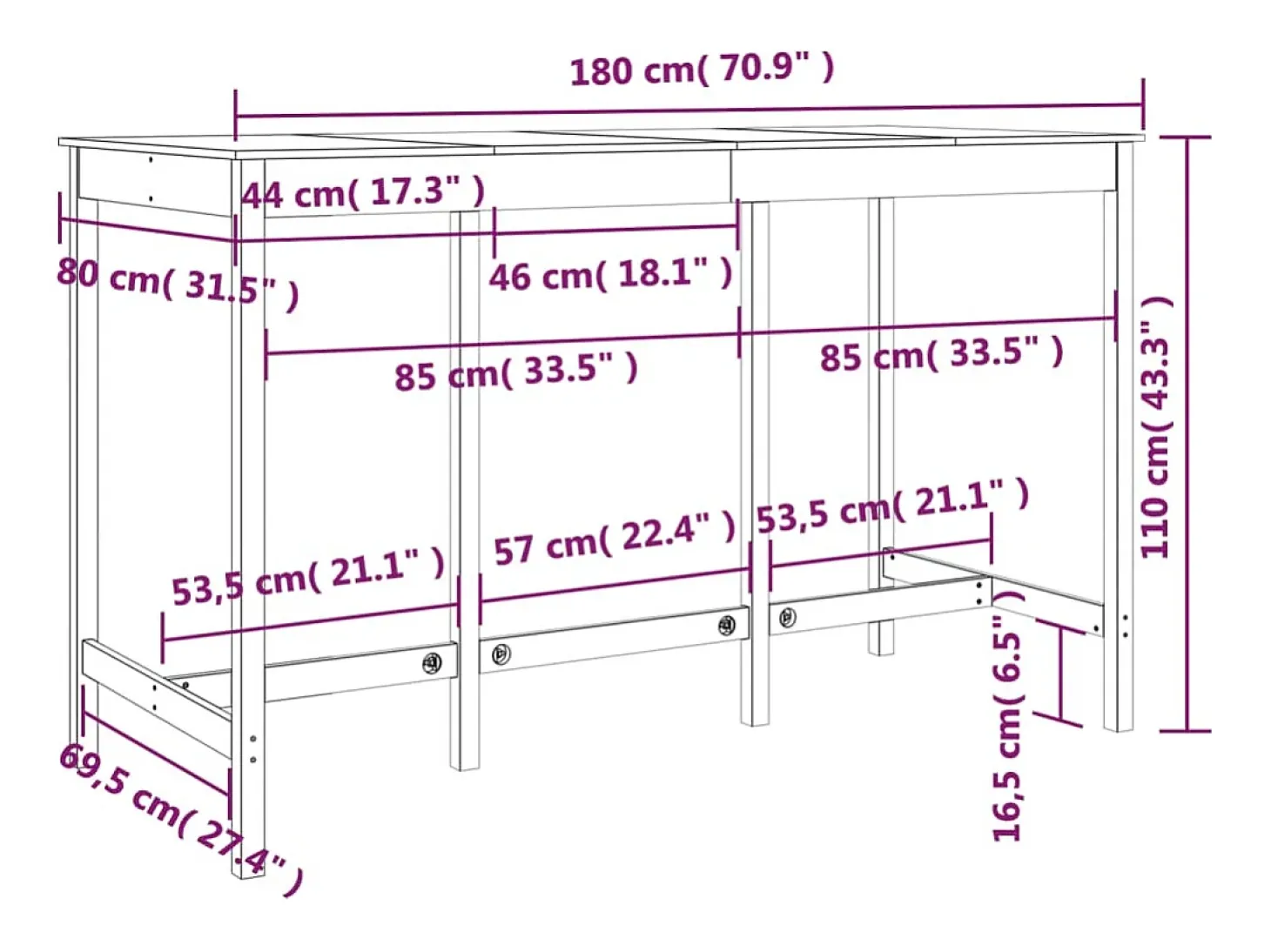 Mesa alta de bar madera maciza de pino blanco 180x80x110 cm