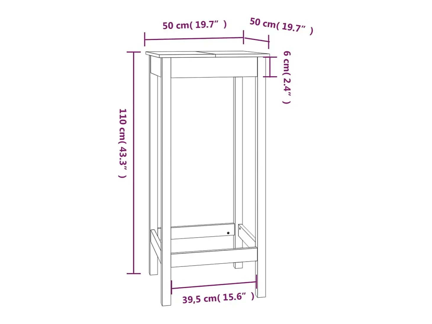 Mesa alta de bar madera maciza de pino blanco 50x50x110 cm